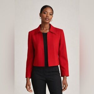 Studio 1 Elegant Red Tailored Women's Cropped Jacket Blazer Black Stitch Detail
